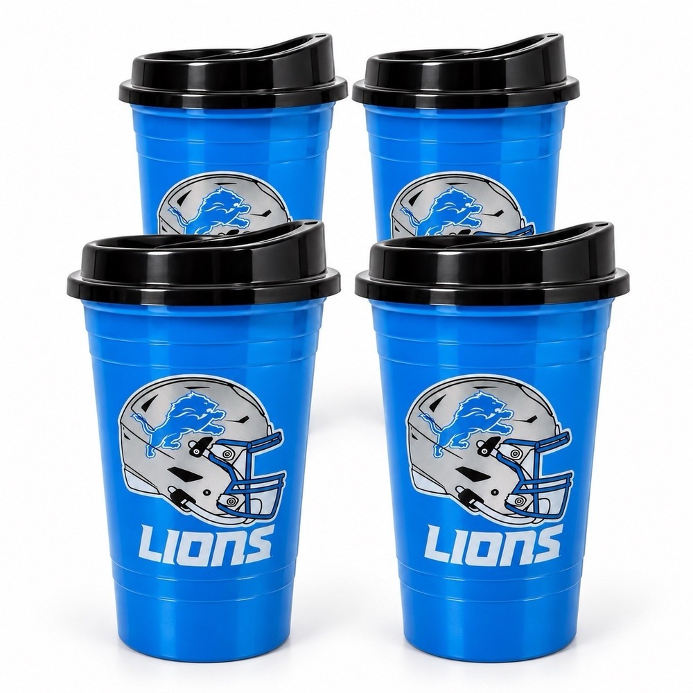 Detroit Lions NFL Lidded Plastic Stadium Cups Set of 4 Tailgate New